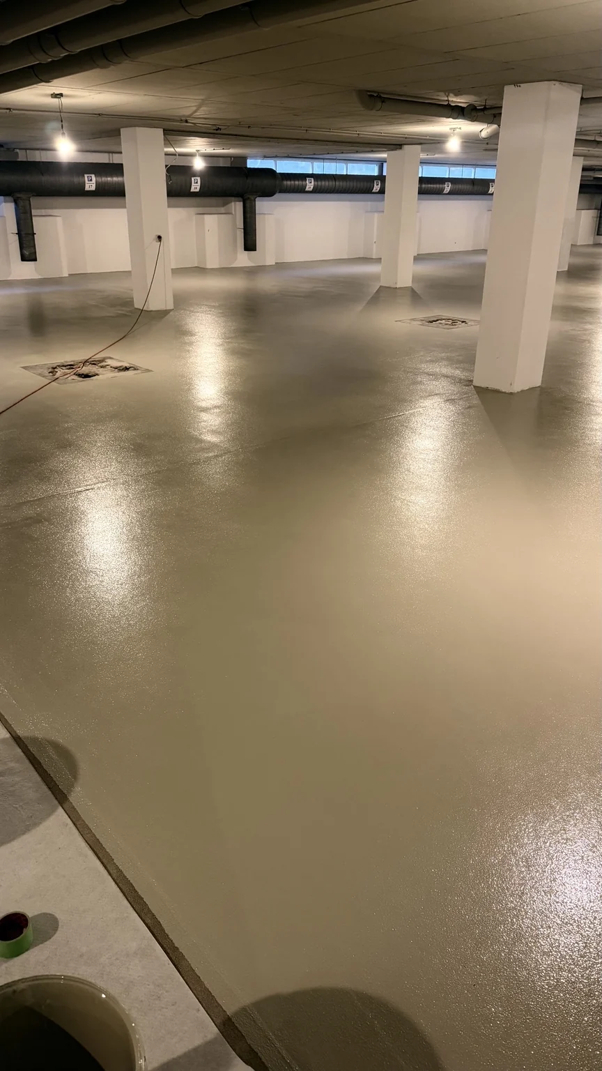 Gecoate parkeervloer tussen witte kolommen in Amsterdam